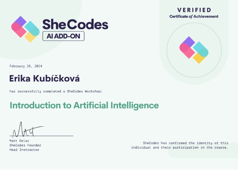 Certificate SheCodes AI ADD-ON | Erika Kubíčková